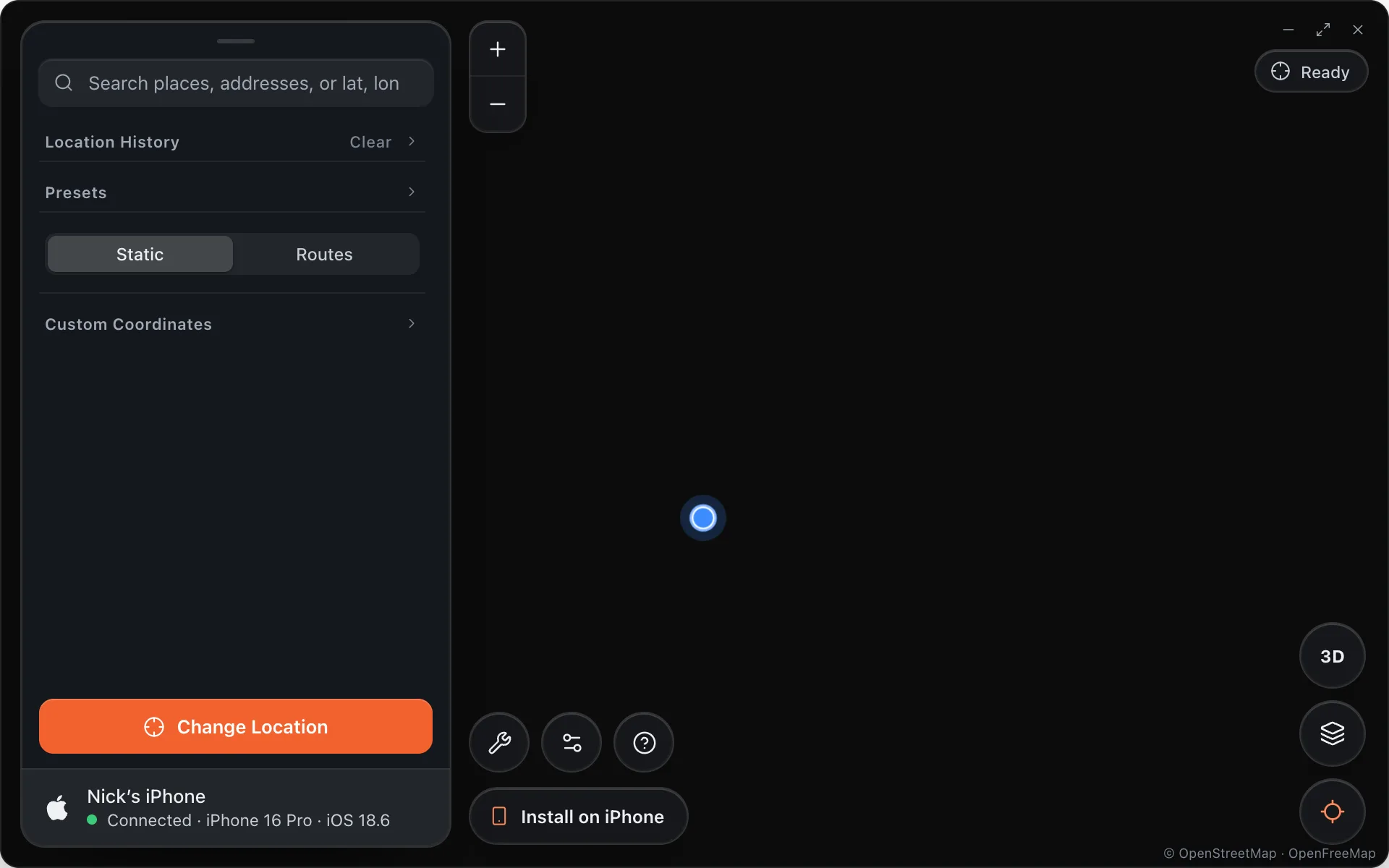 The Alibi app: floating panel on the left, map on the right