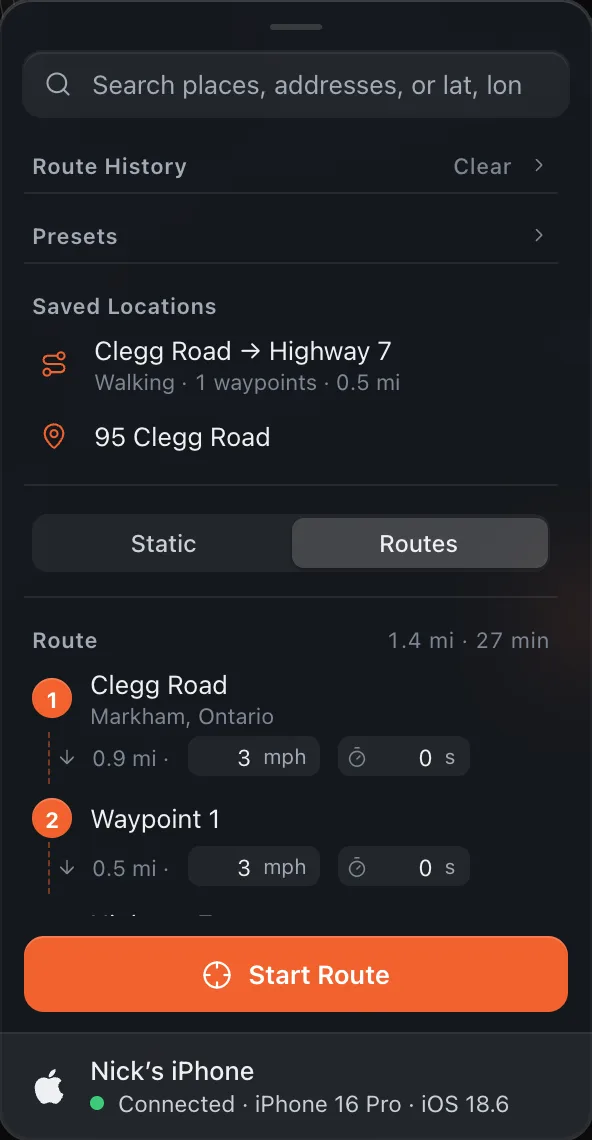 The Bookmarks section with a saved route and a saved place