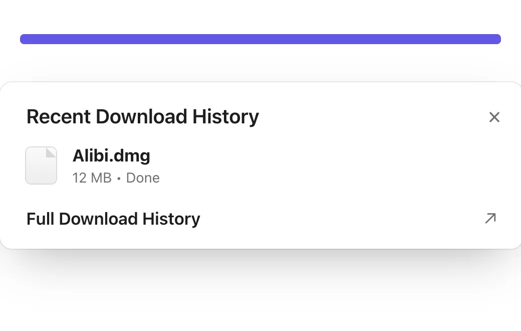 Recent download history showing Alibi.dmg