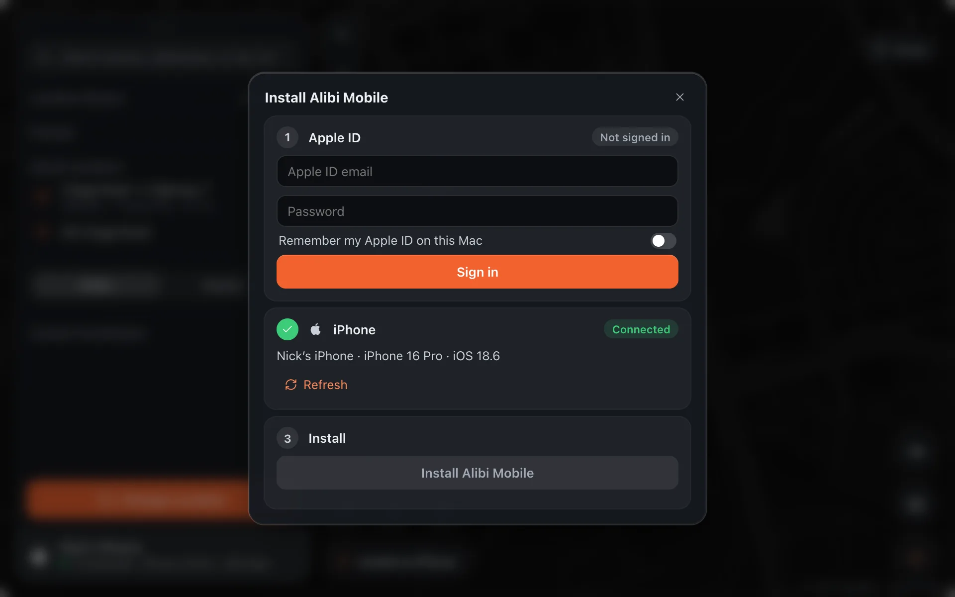 The Install Alibi Mobile dialog: Apple ID, iPhone, Install