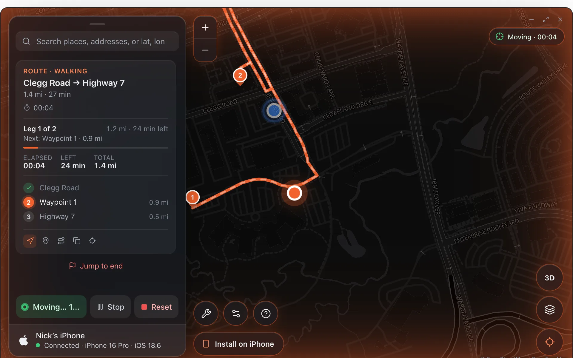 A route in progress: Moving pill, animated route line and the live marker on the road