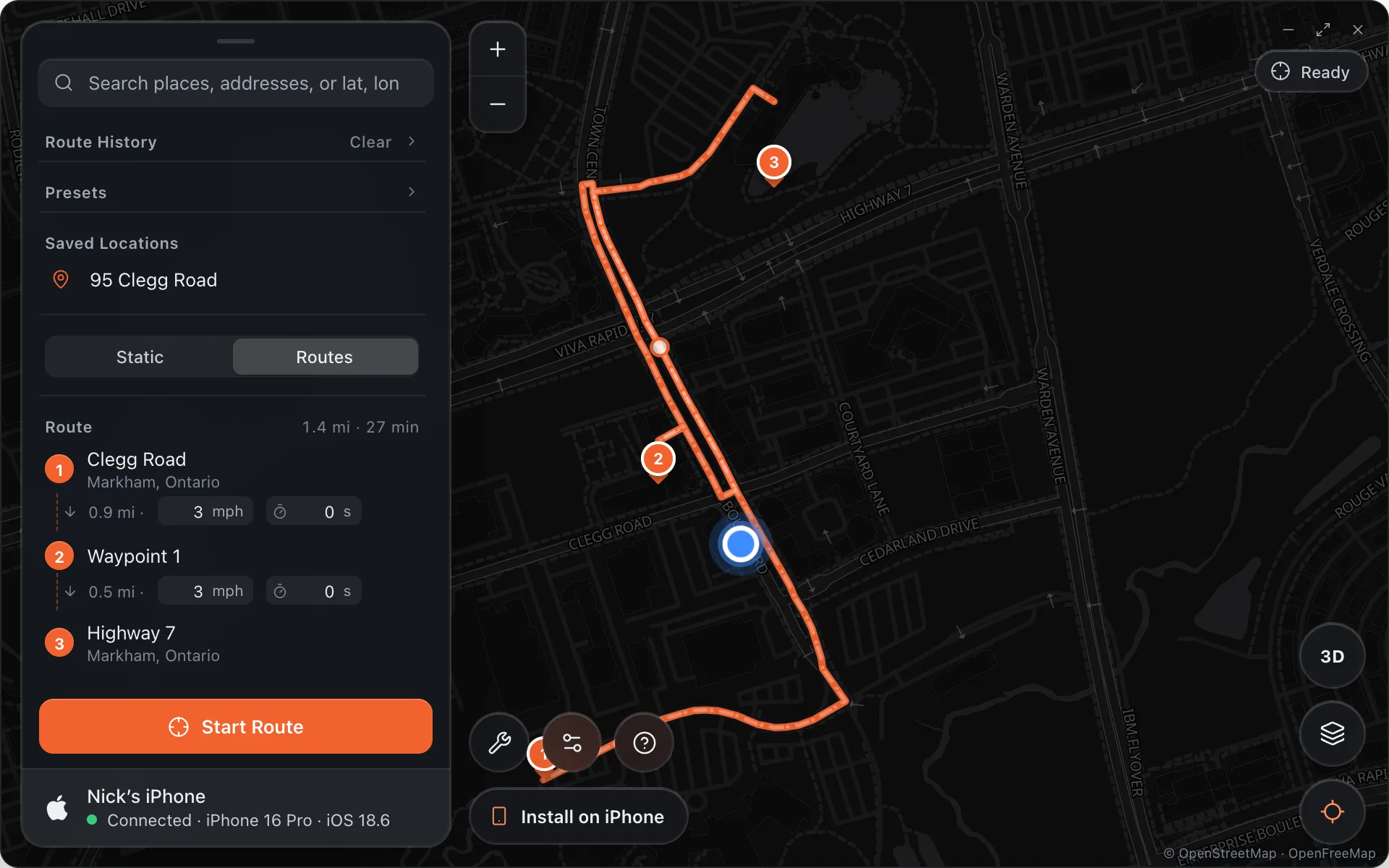 Previewing a route: the road path drawn on the map and the ghost marker running it