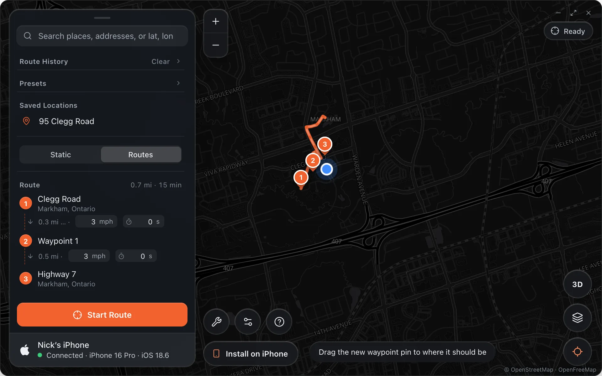 A route with a start, a waypoint and an end, and the leg speeds beneath each stop
