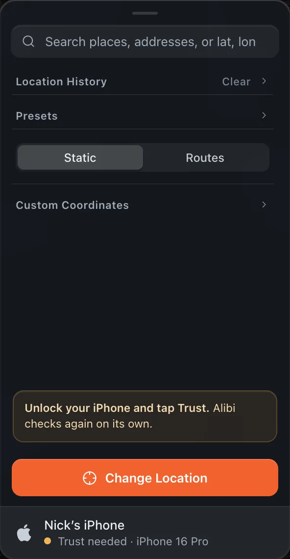 Alibi asking you to tap Trust on the iPhone