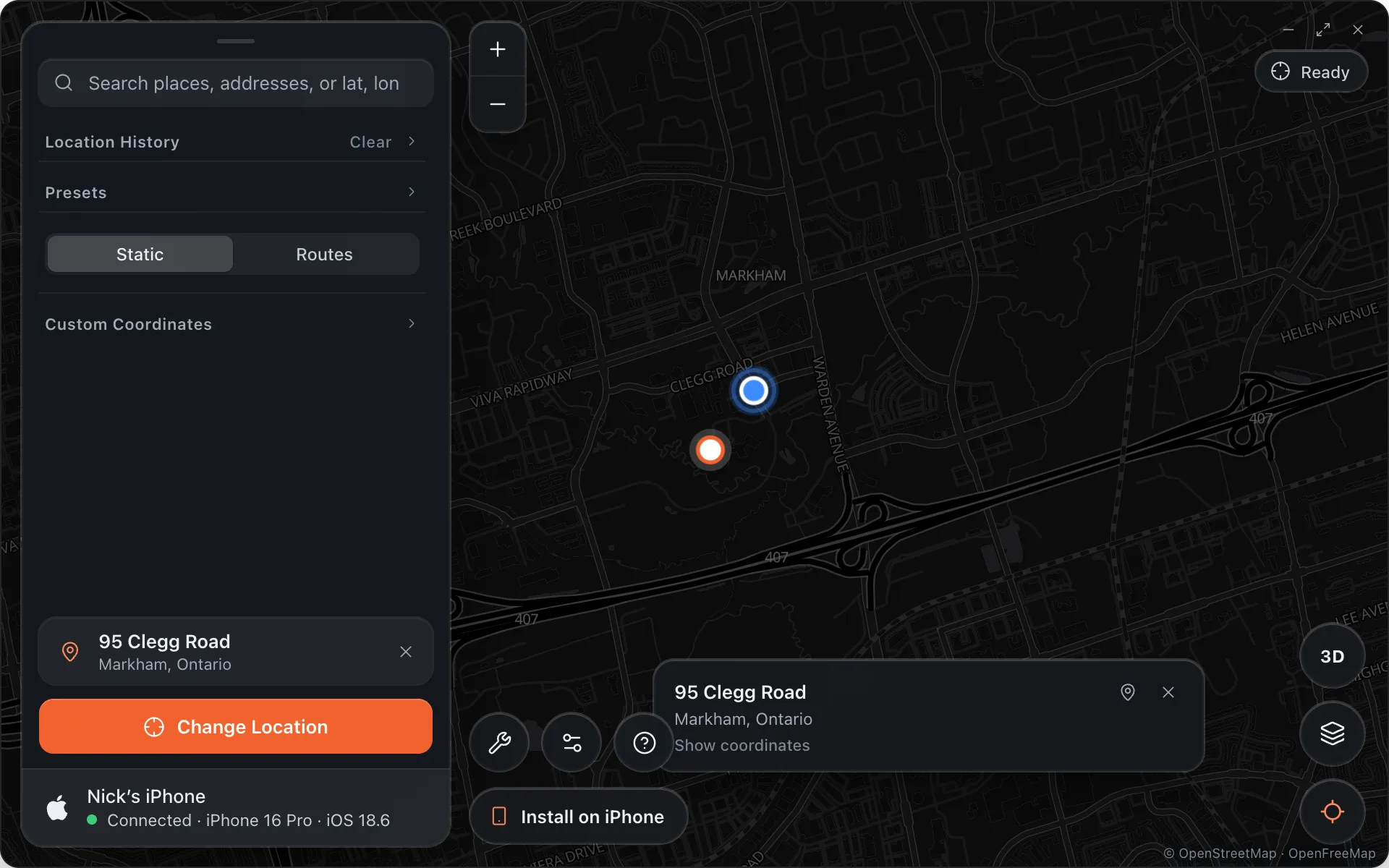 A place picked on the map with its card and the Change Location button