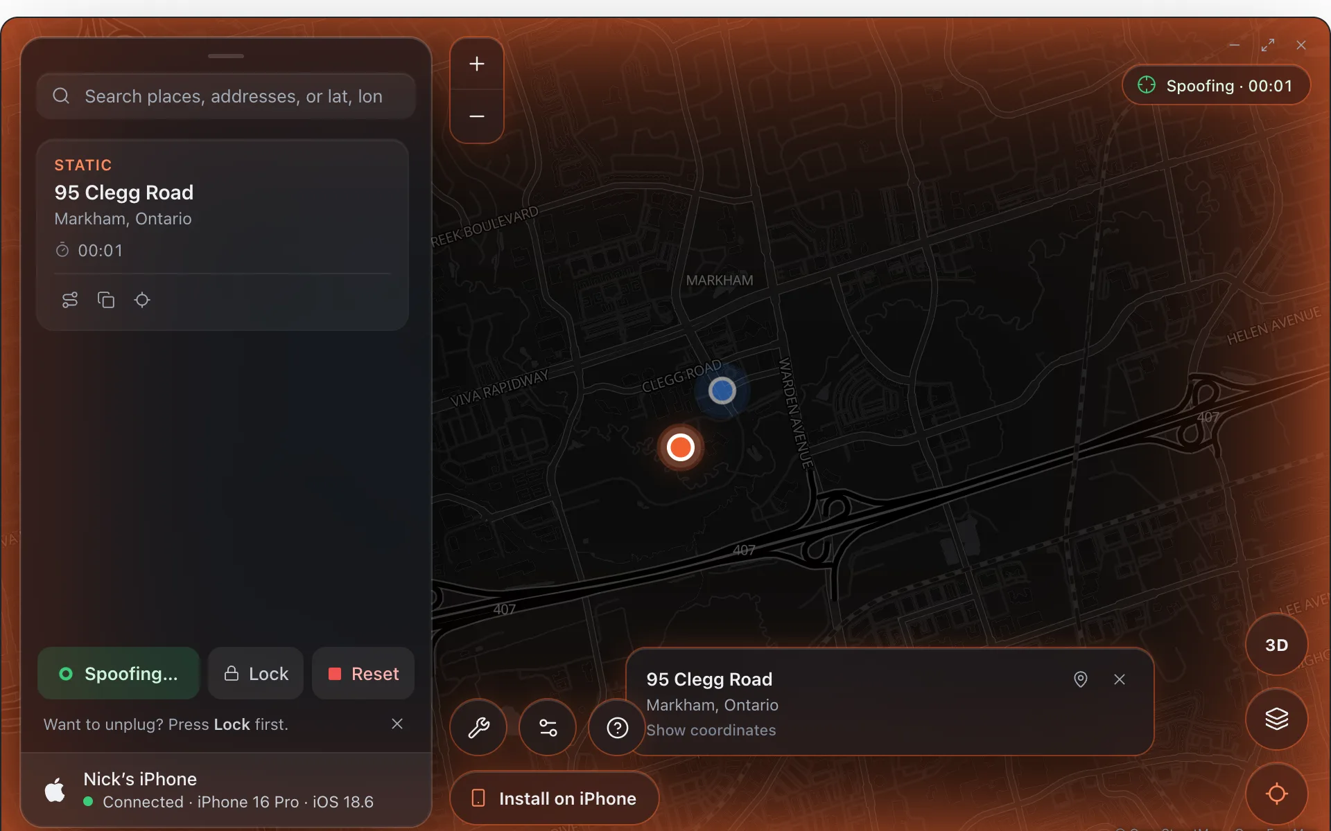 Alibi with the location changed: green Spoofing pill and the live marker