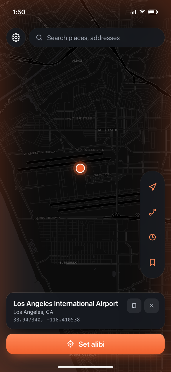 Alibi Mobile showing a spoofed location at Los Angeles International Airport